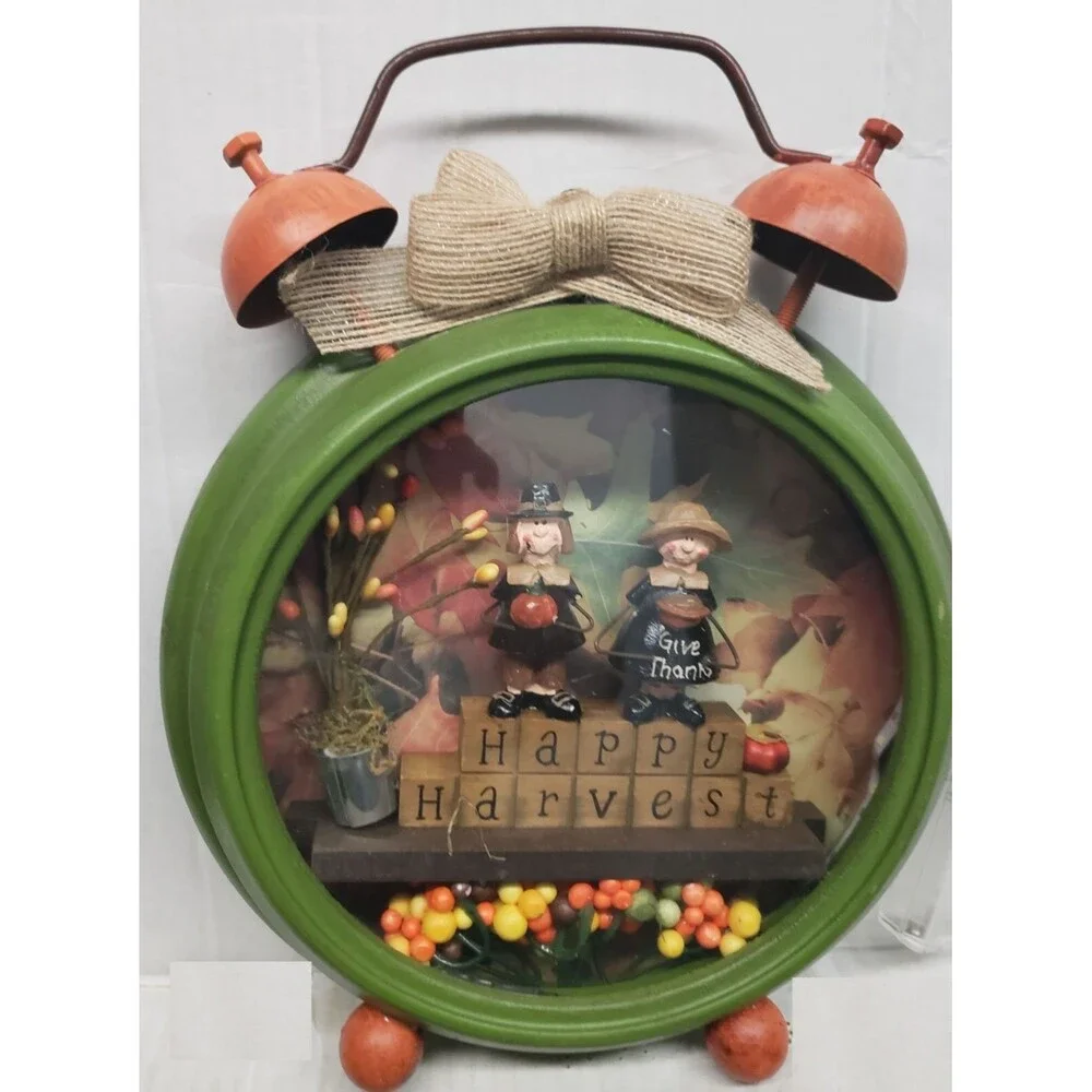 Blackout Lighted Round Wall Clock, FALL,HAPPY HARVEST,PILGRIMS GIVE THANX,GI